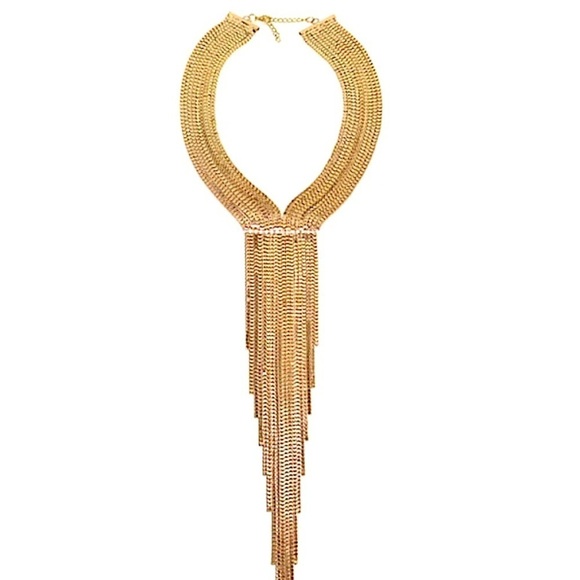 Gold Chain Tassel Rhinestone Accent Fringe Statement Collier Necklace - Picture 6 of 7